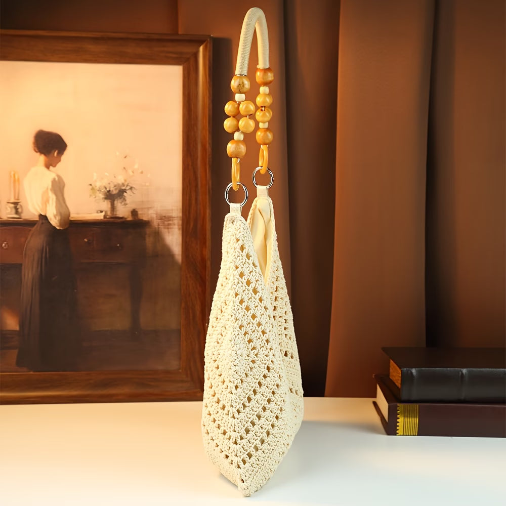 Women's Bohemian Beach Bag — Woven Straw Crossbody Tote with Wooden Bead Detail