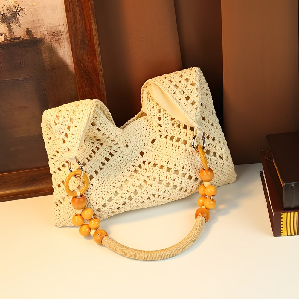 Women's Bohemian Beach Bag — Woven Straw Crossbody Tote with Wooden Bead Detail