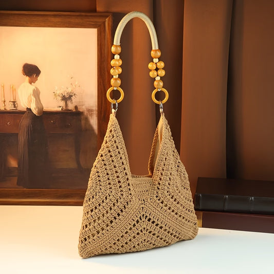 Women's Bohemian Beach Bag — Woven Straw Crossbody Tote with Wooden Bead Detail