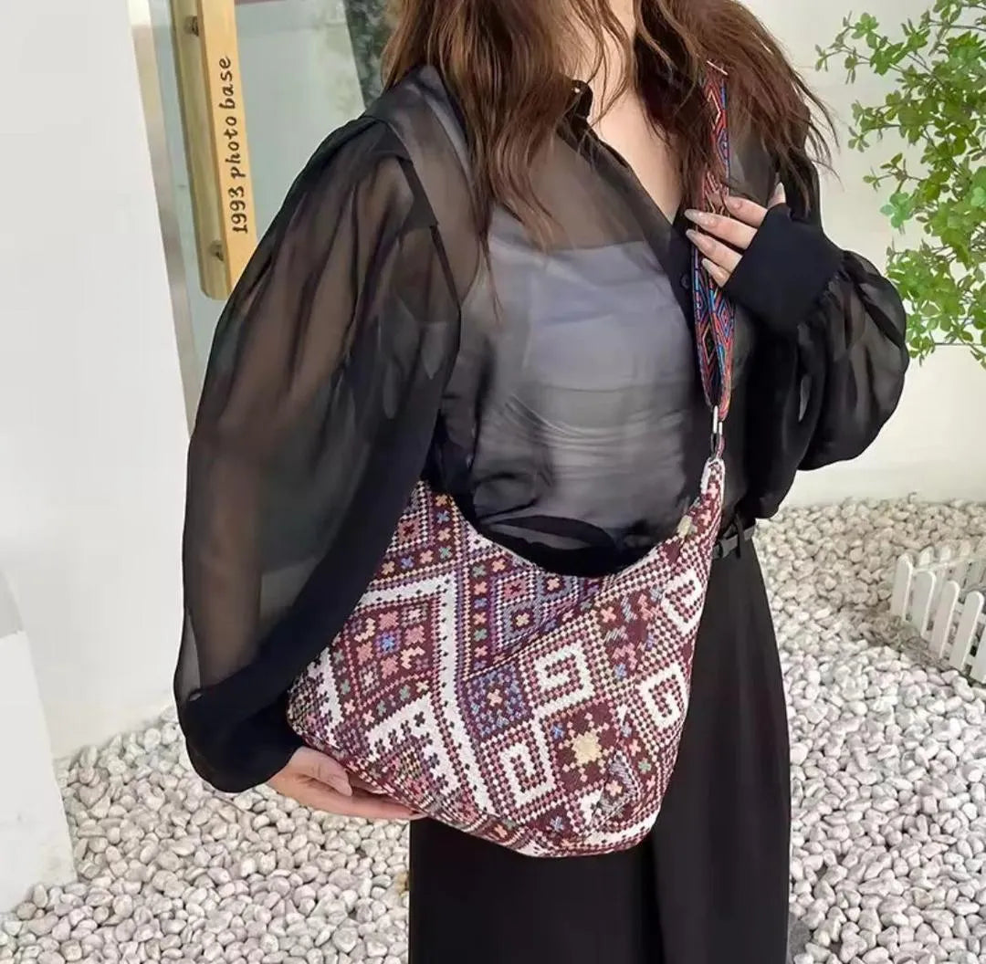 Bohemian Woven Shoulder Bag with Geometric Strap
