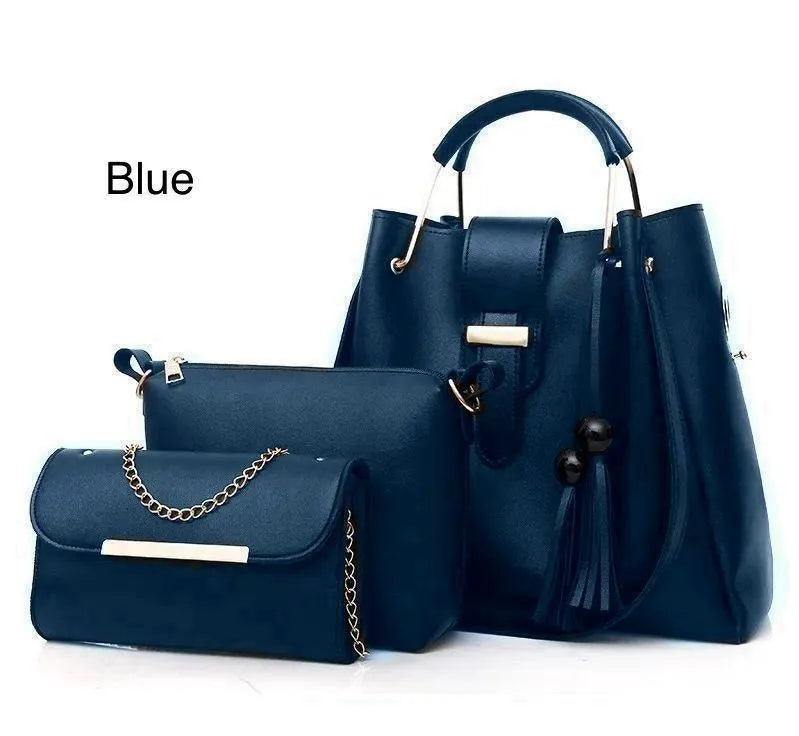 Blue Rexine Handbag Set 3-Piece