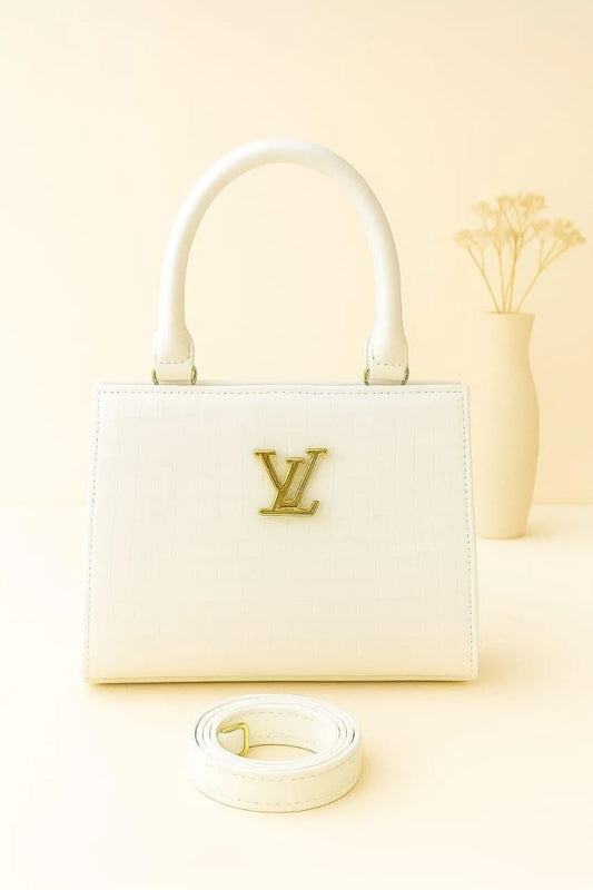 White Printed Shoulder Bag with Gold Logo for Women
