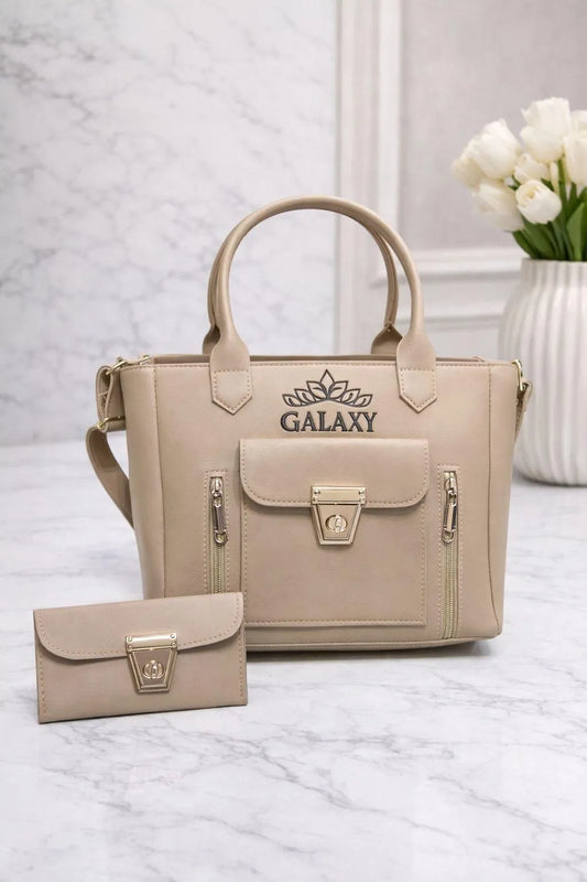 Women's Beige Leather Handbag Set with Small Clutch
