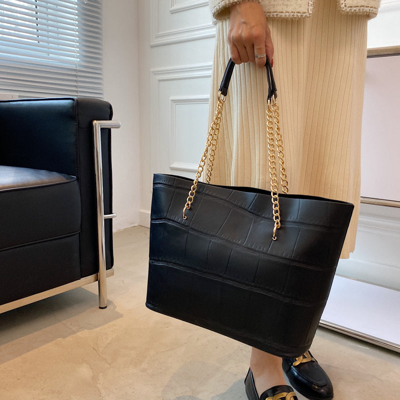 Croc Textured PU Tote Bag with Gold Chain Strap