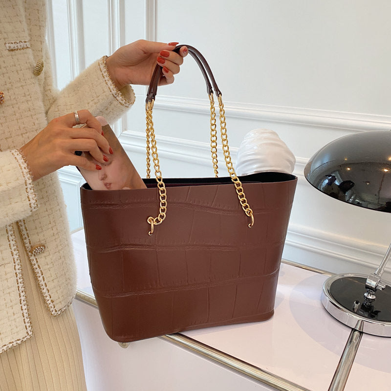 Croc Textured PU Tote Bag with Gold Chain Strap