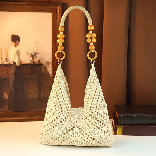 Women's Bohemian Beach Bag — Woven Straw Crossbody Tote with Wooden Bead Detail