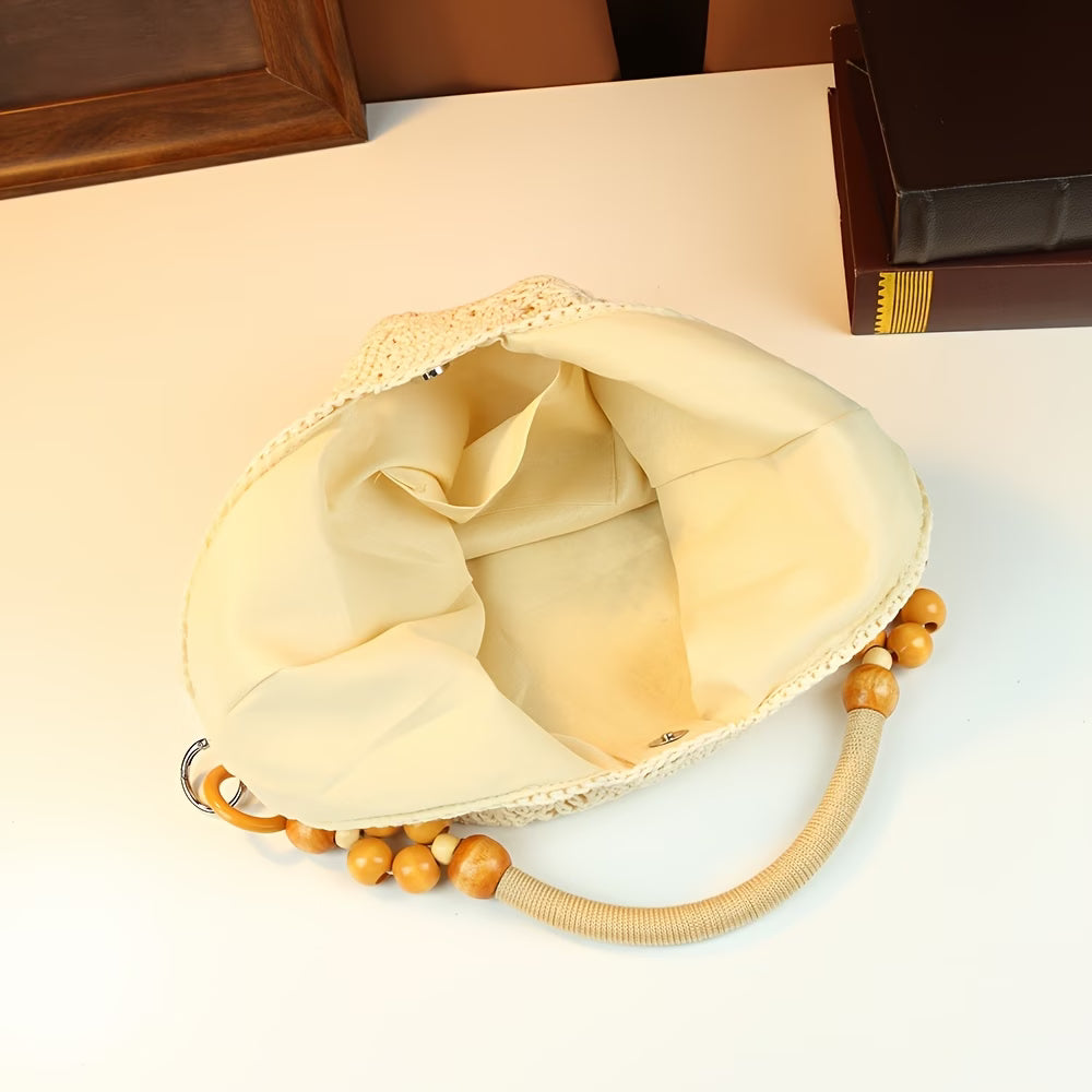 Women's Bohemian Beach Bag — Woven Straw Crossbody Tote with Wooden Bead Detail