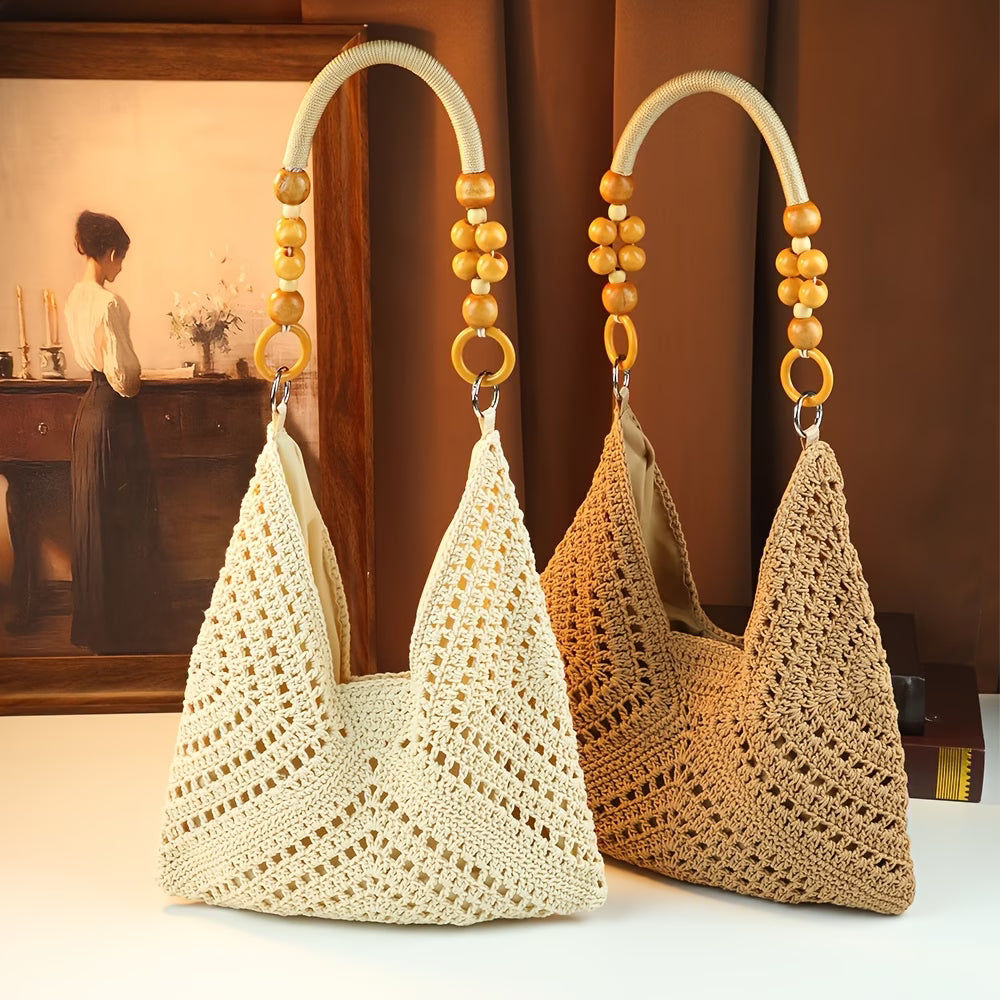 Women's Bohemian Beach Bag — Woven Straw Crossbody Tote with Wooden Bead Detail